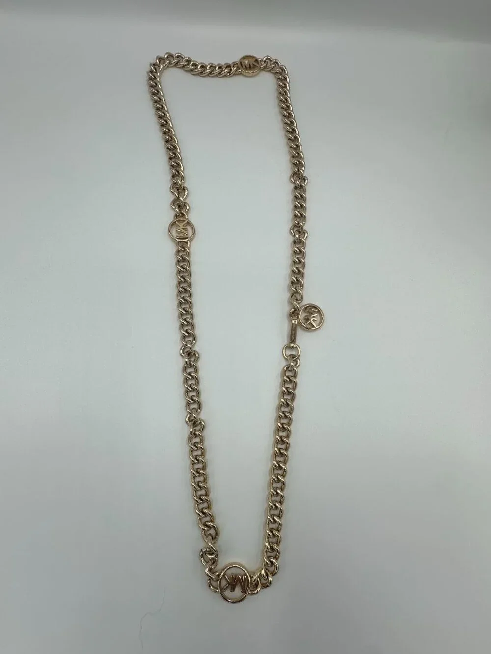 Michael Kors Gold Multi MK Logo Emblem Statement Medallion Chain Belt M/L